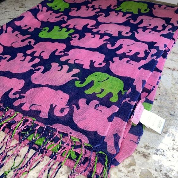 Lilly Pulitzer Tusk in Sun Murfee Silk Cashmere Elephant Pink Navy Scarf - Picture 5 of 11